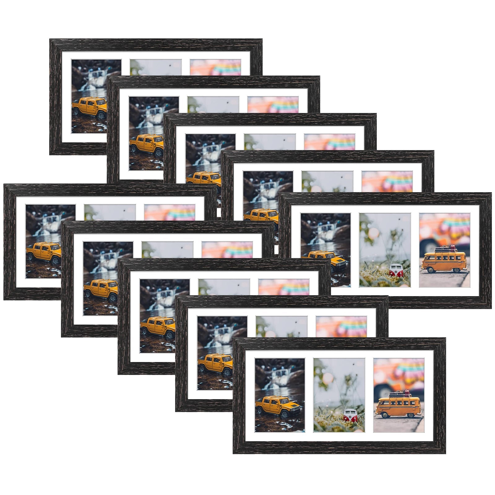 7x14 Wood Frame Displays Three 4x6 Pictures with White Mat(10 Pack) Distressed Black Picture Frame Golden State Art