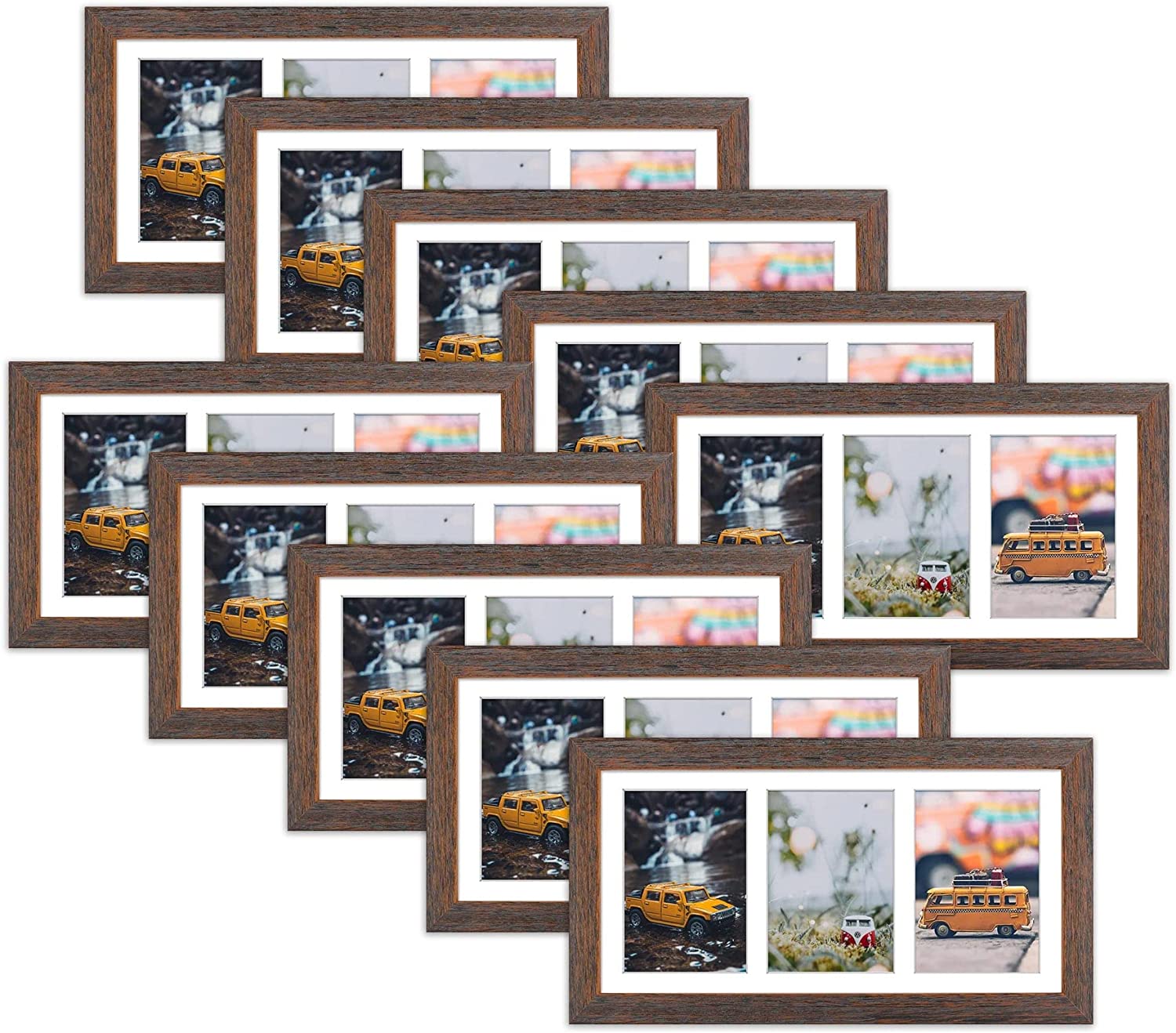 7x14 Wood Frame Displays Three 4x6 Pictures with White Mat(10 Pack) Distressed Brown Picture Frame Golden State Art