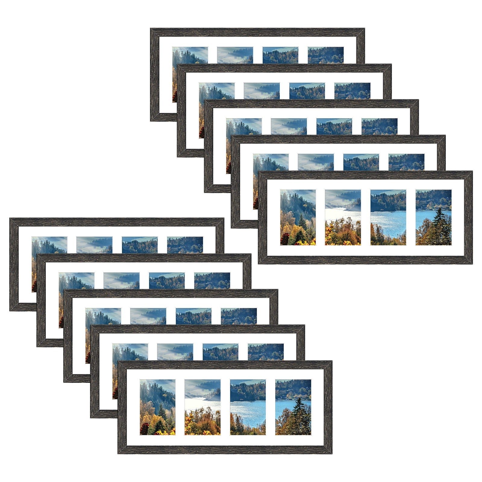 8x20 Wood Frame displays four 4x6 Picture and White Mat (10 Pack) Distressed Black Picture Frame Golden State Art