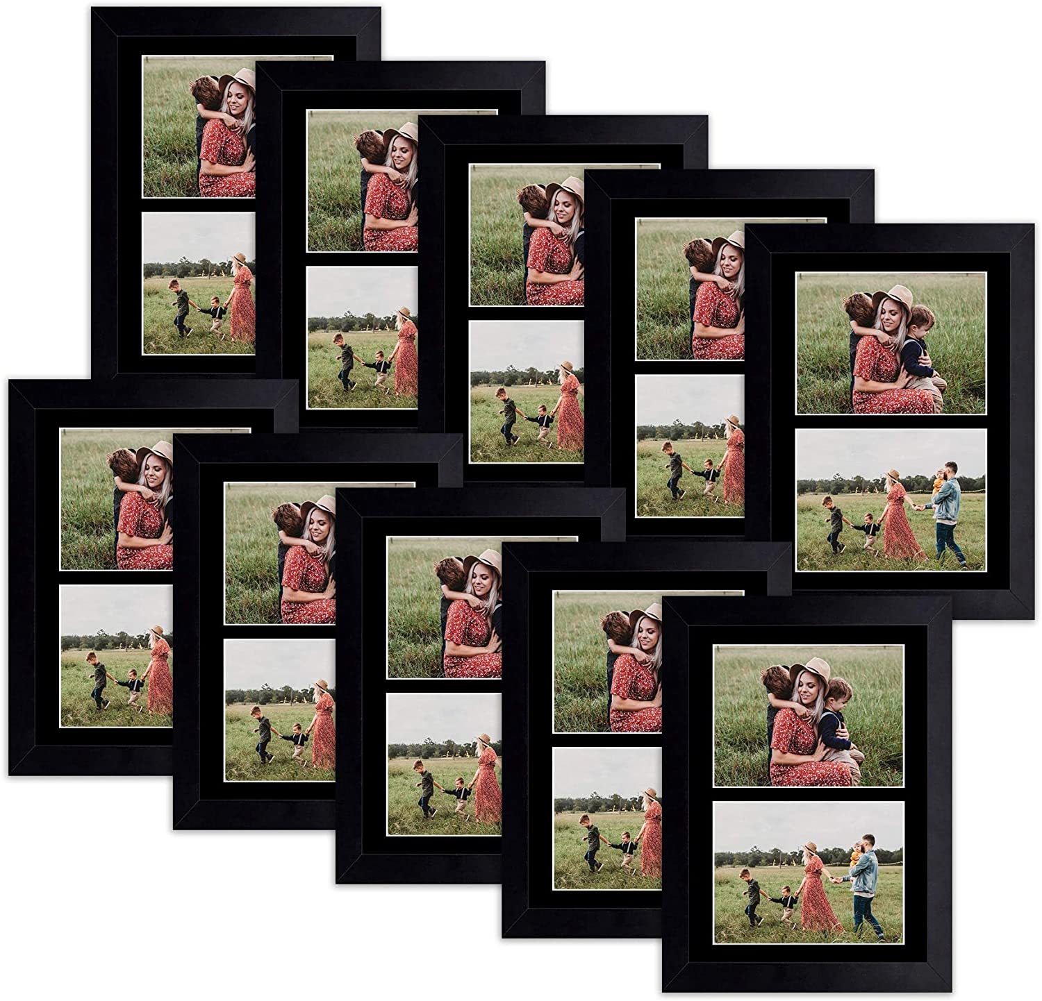 8.5x11 Wood Frame For 2-5x7 Photos with Mat and Real Glass (10 Pack) Black Black Mat Golden State Art