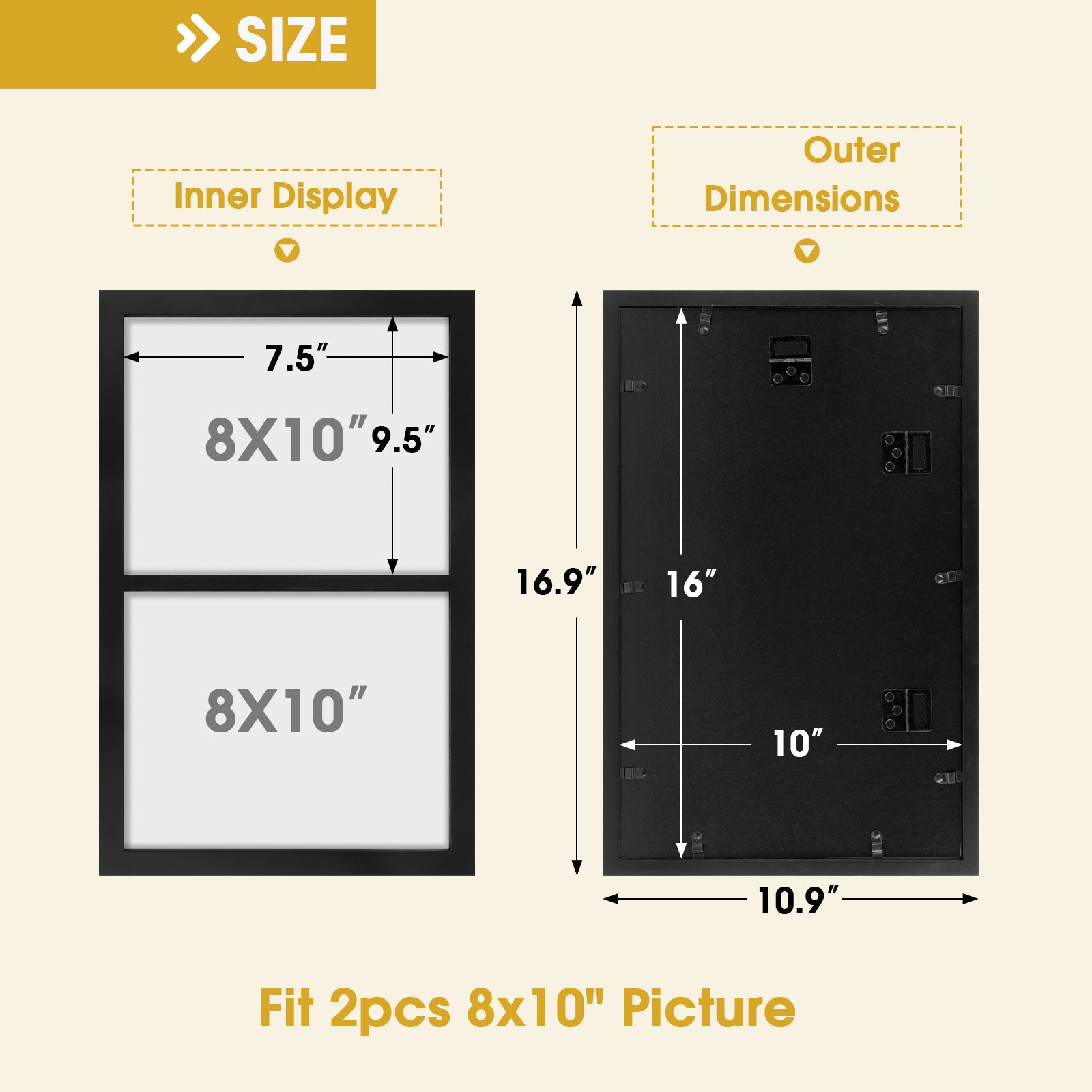 Golden State Art, Double 8x10 Picture Frame ¨C 10x16 Solid Wood Frame with Real Glass for Wall Display