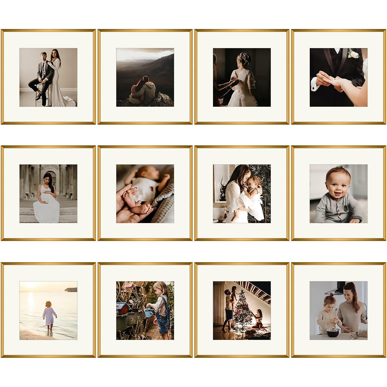 Set of 12,Set of 12,12x12 Bronze Aluminum Frame For 8x8 Picture with Ivory Mat and Real Glass Picture Frame Golden State Art