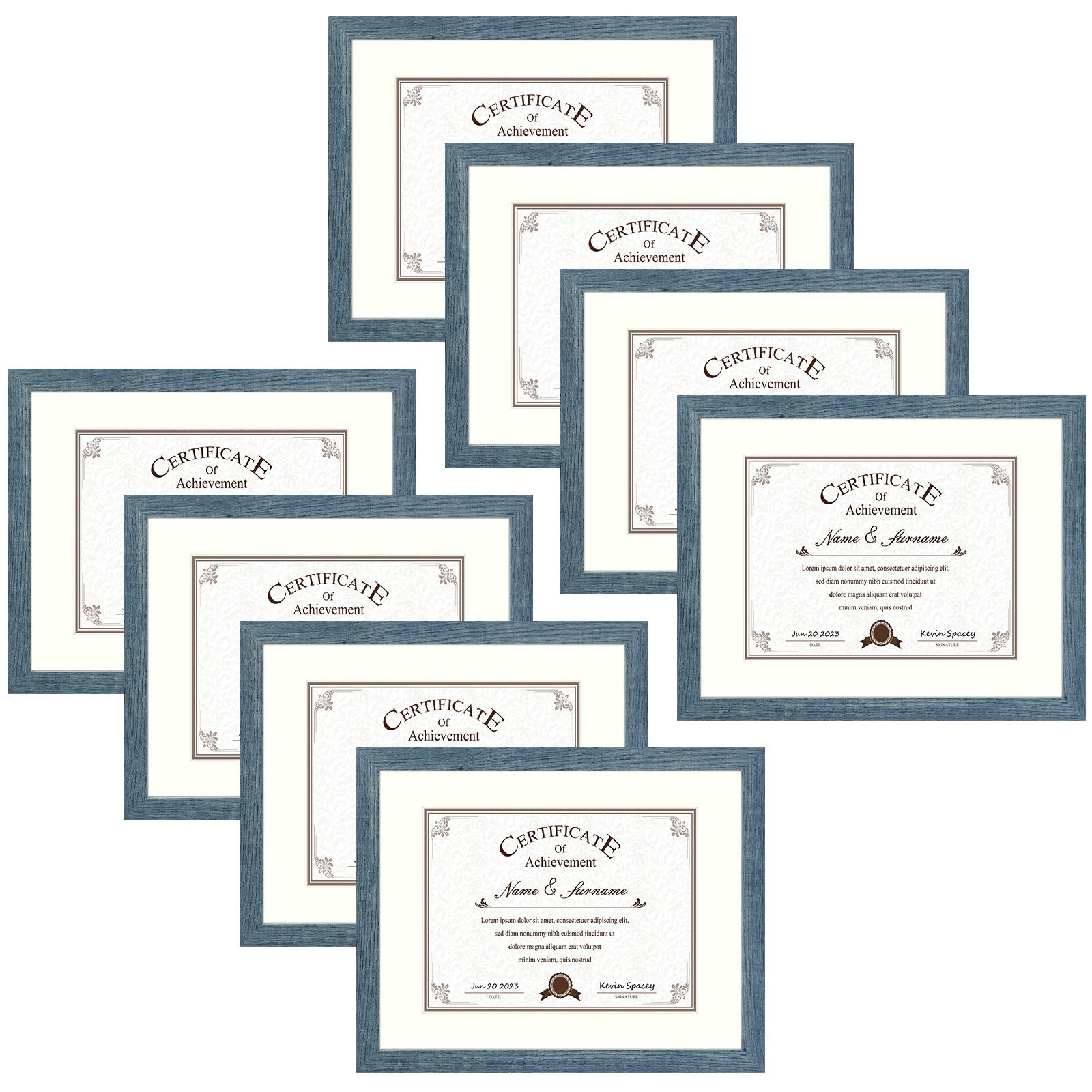 11x14 Diploma Frames For 8.5x11 Document & Certificate with Ivory Mat and Real Glass(8 Pack) Light blue Golden State Art