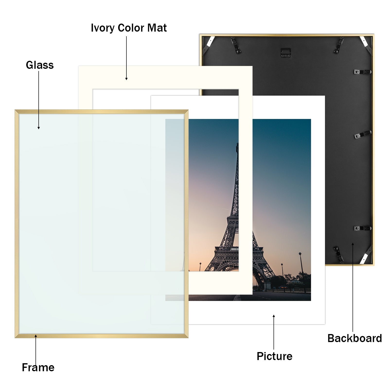 18x24 Aluminum Frame For 16x20 Picture with Ivory Mat and Real Glass,Black/Silver/Gold(4 Pack) Picture Frame Golden State Art