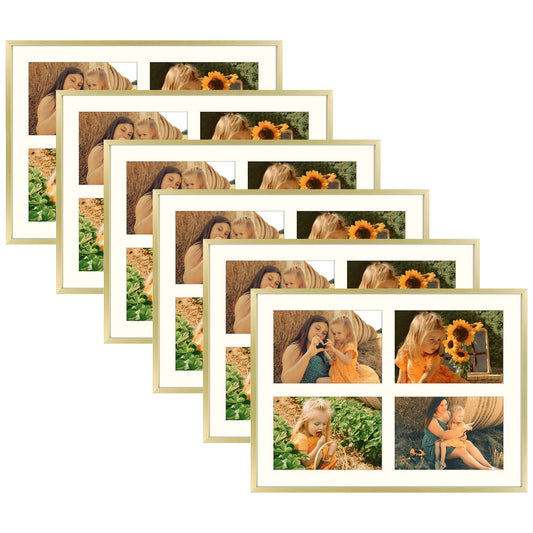 Aluminum Frames Collage Frame with Ivory Mat and Real Glass, Frame Thickness 1.02 Inch 6 Pack 12x16 Matted to Four 5x7 Gold Picture Frame Golden State Art