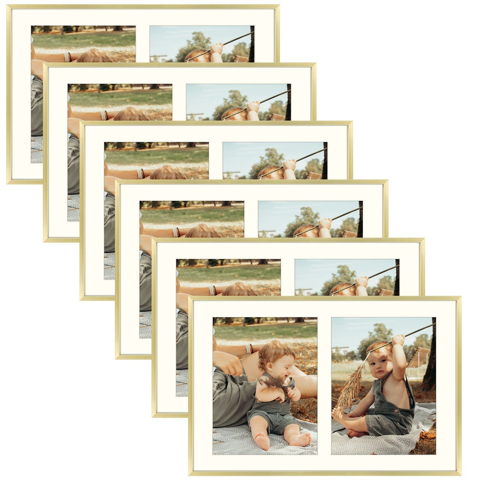 Aluminum Frames Collage Frame with Ivory Mat and Real Glass, Frame Thickness 1.02 Inch 6 Pack 12x19 Matted to Two 8x10 Gold Picture Frame Golden State Art