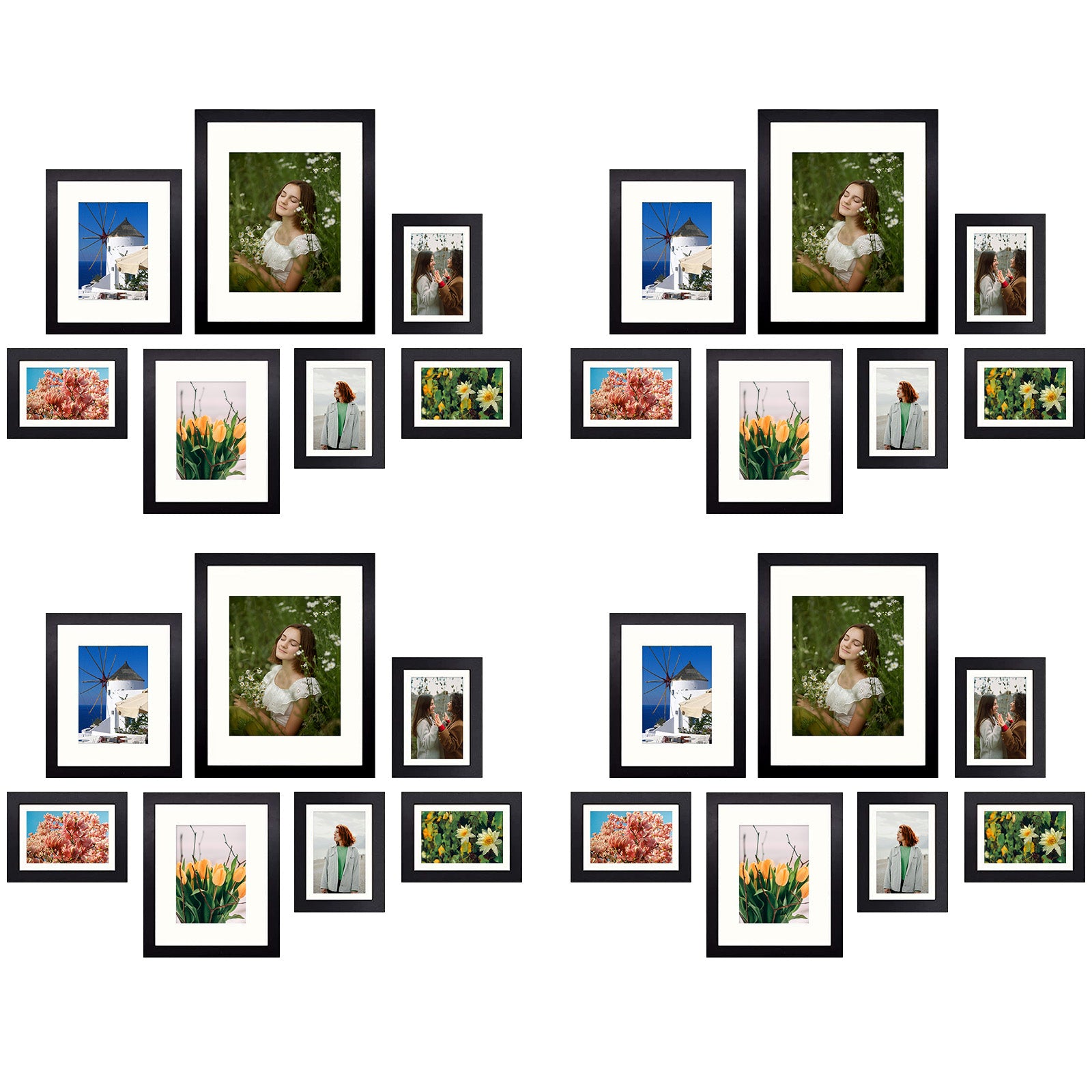 28 Pack Gallery Frames four 11x14, eight 8x10, sixteen 5x7 Picture Frames with Ivory Mat and Real Glass Black Picture Frame Golden State Art