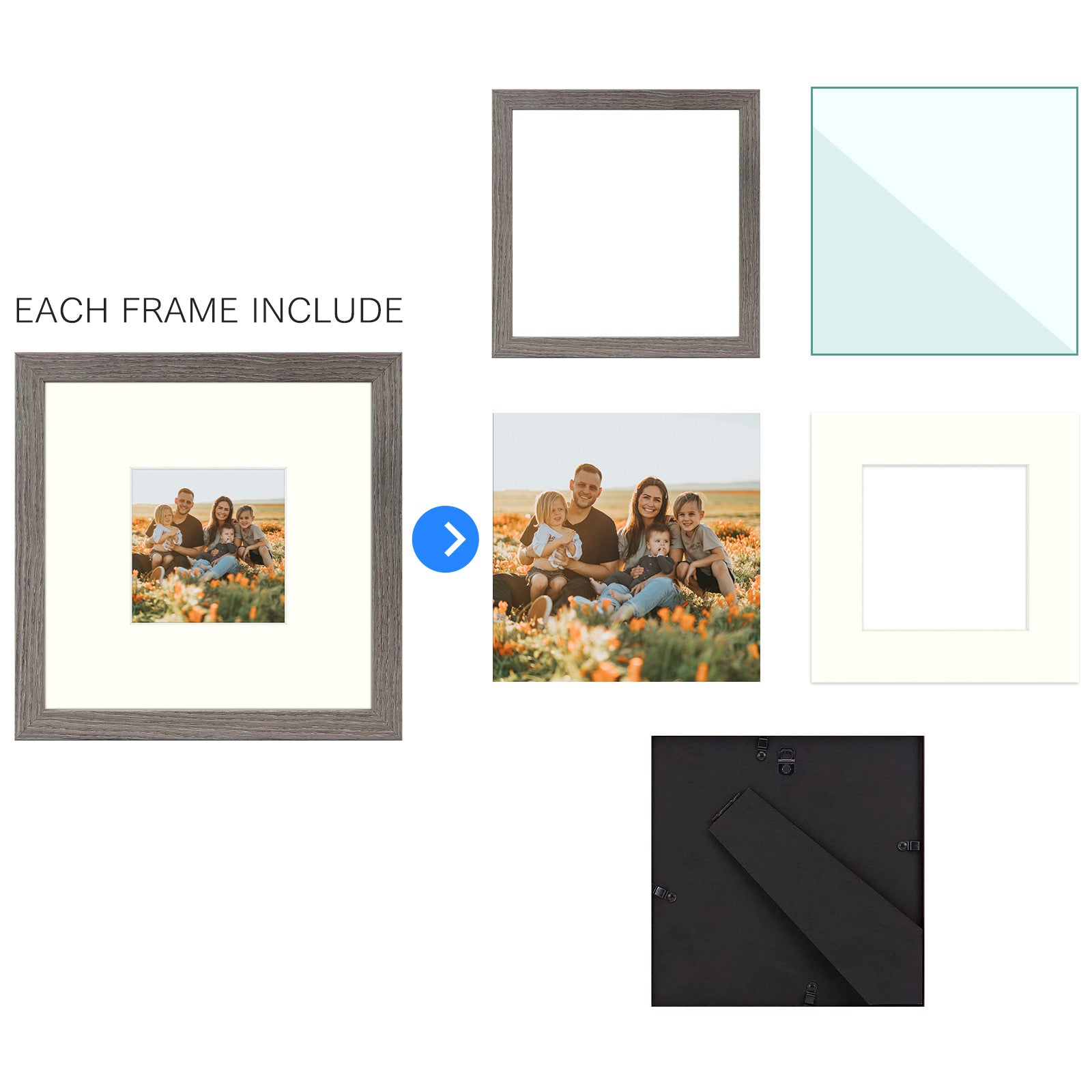 BOGO Simple Picture Frame for Prints & Pictures with Real Glass (Grey, 8x8 Frame for 4x4 Photo, Pack of 1) Picture Frame Golden State Art