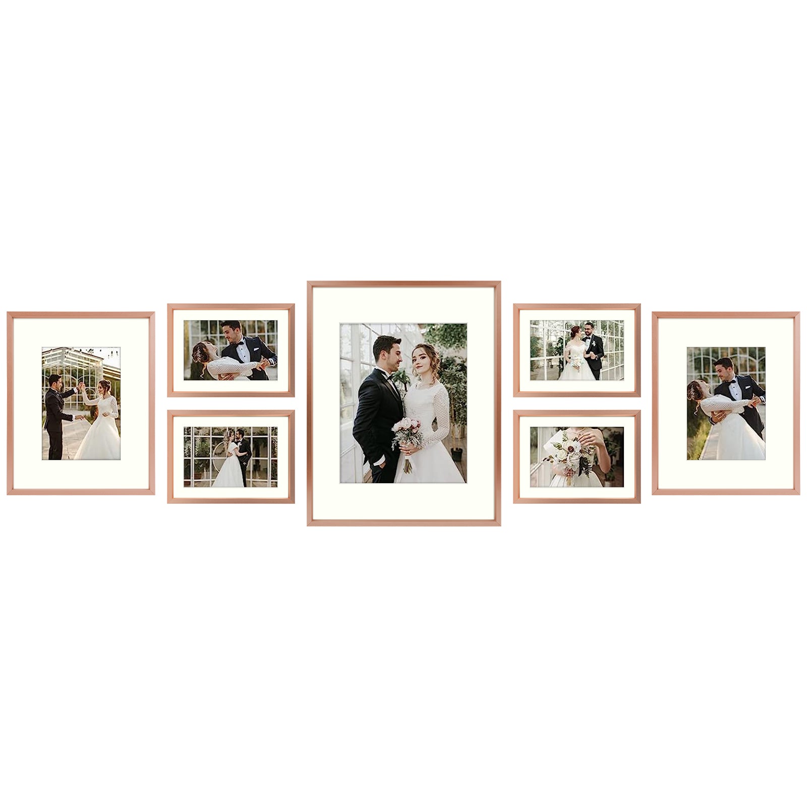 Gallery Walls Aluminum Picture Frame One 11x14, Two 8x10, and Four 5x7 Pictures with Ivory mat, Frame Thickness 0.98 Inch(28 Pack) Rose Gold Picture Frame Golden State Art