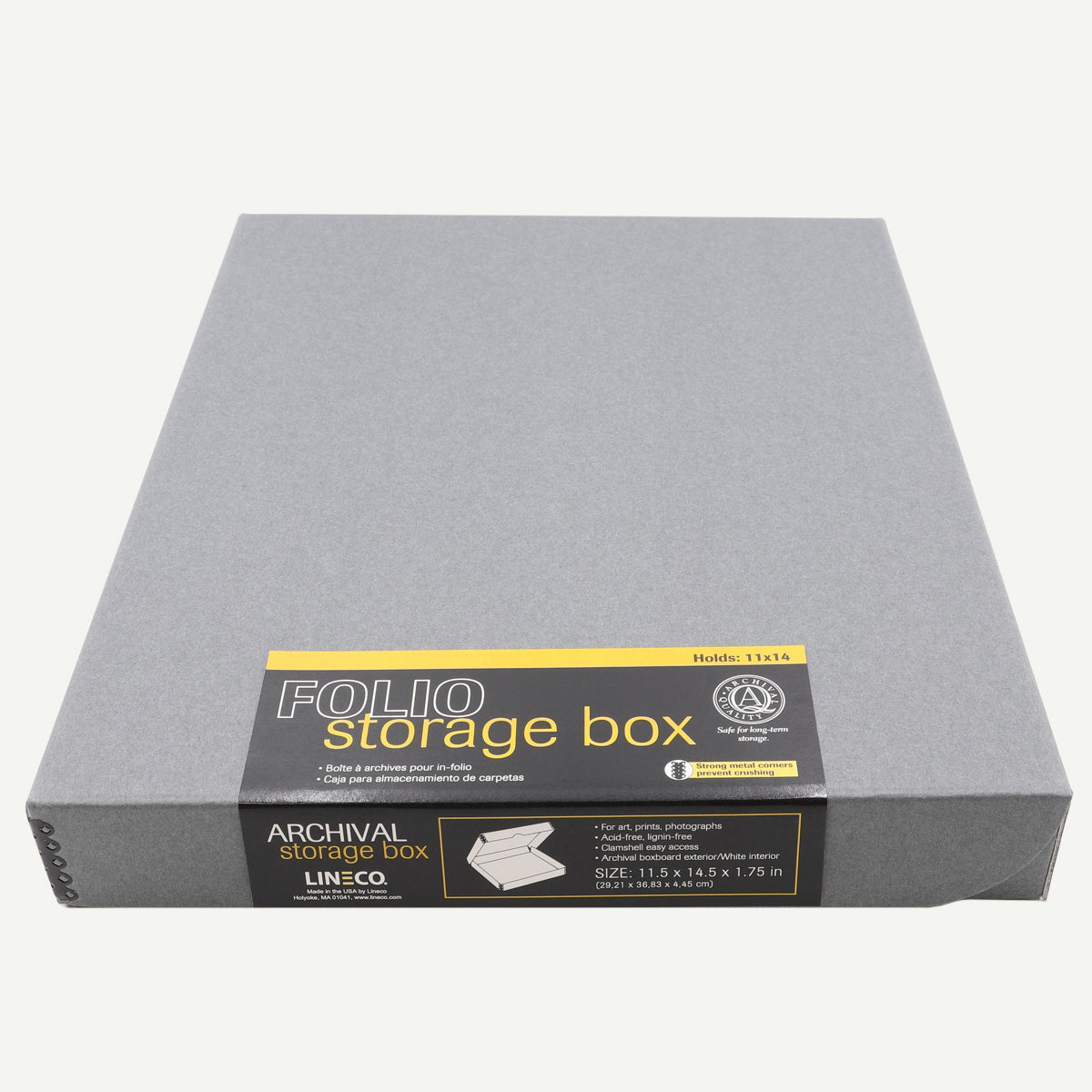 Lineco 11x14 Gray 1.75 in. Deep Clamshell Archival Folio Storage Box Removable Lid Acid-Free with Metal Edge Lineco