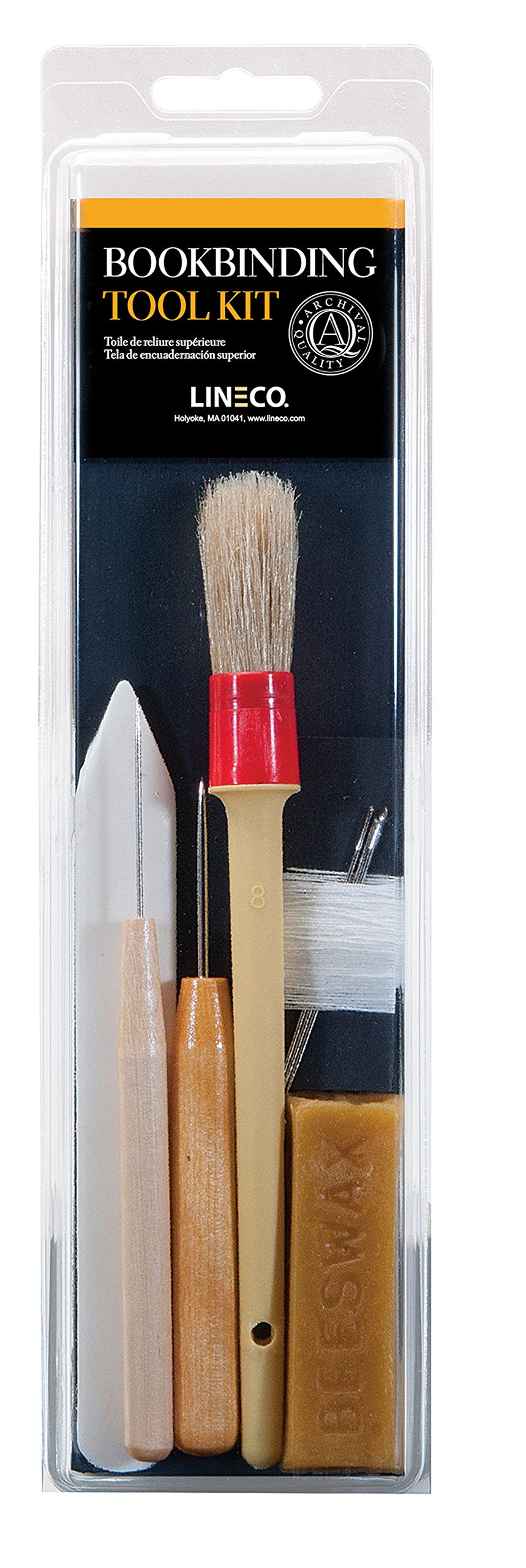 Lineco Bookbinding Tool Kit. Comes with Awls, Bone Folder, Bristle Brish, Bookbinding Needles, Linen Thread, and Beeswax. Lineco