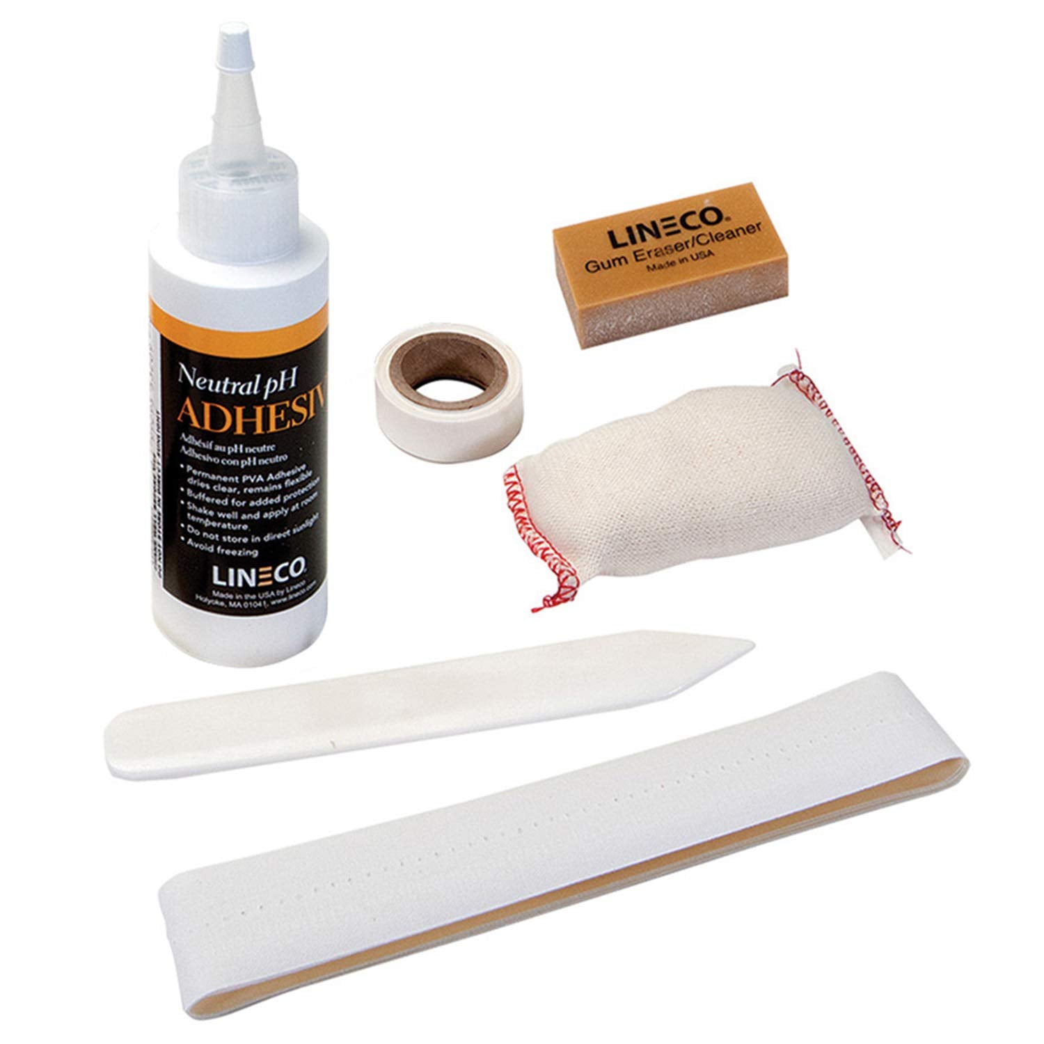 Lineco Book Repair Tool Kit for Simple Repairs and Cleaning, Including Book Repair Tape 1 in. x 36 in., Mending Tissue, 0.5 in. x 12 ft., Bone Folder, Cleaning Pad, Neutral pH Adhesive 4 oz, Gum Eraser. Lineco