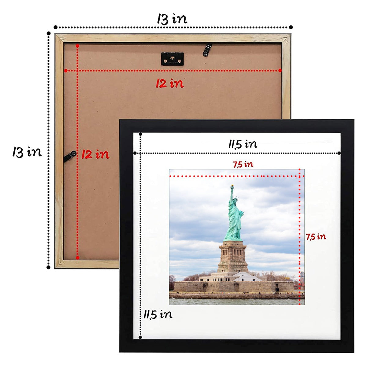 12x12 Black 3/4 Wood Frame for 8x8 Picture and White Mat Picture Frame Golden State Art