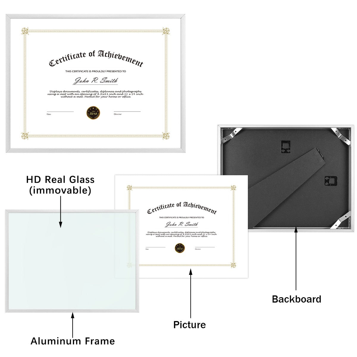 Diploma Aluminum Frames For Certificate/Document Real Glass, Frame Thickness 0.83 Inch