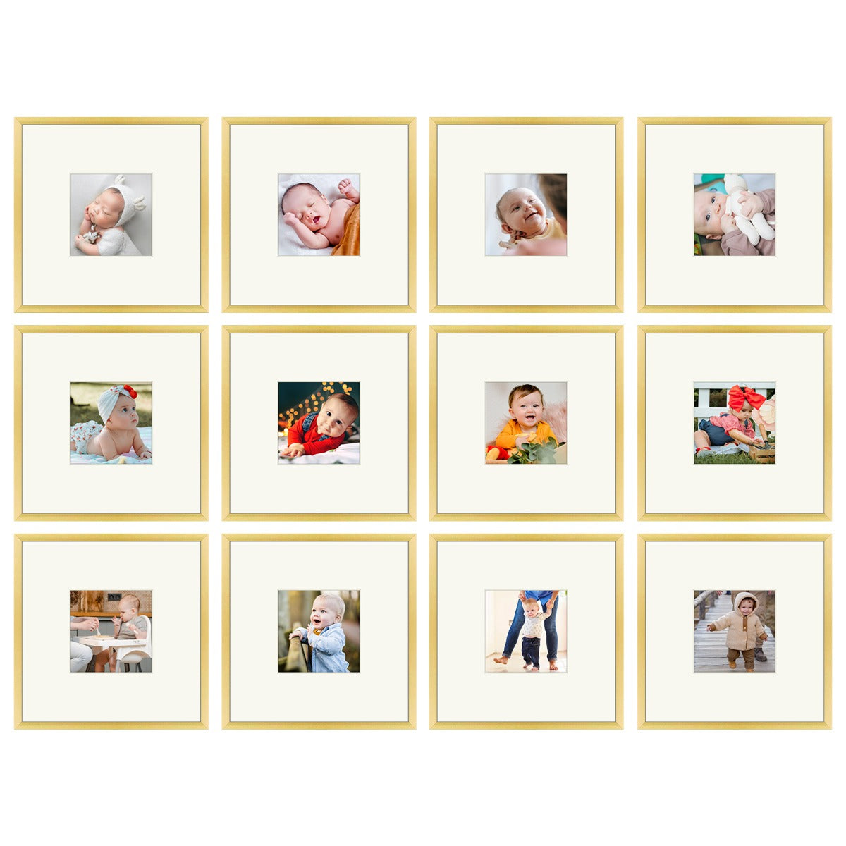 Set of 12, 8x8 Gold Aluminum Frames For 4x4 Picture with Ivory Mat and Real Glass Picture Frame Golden State Art