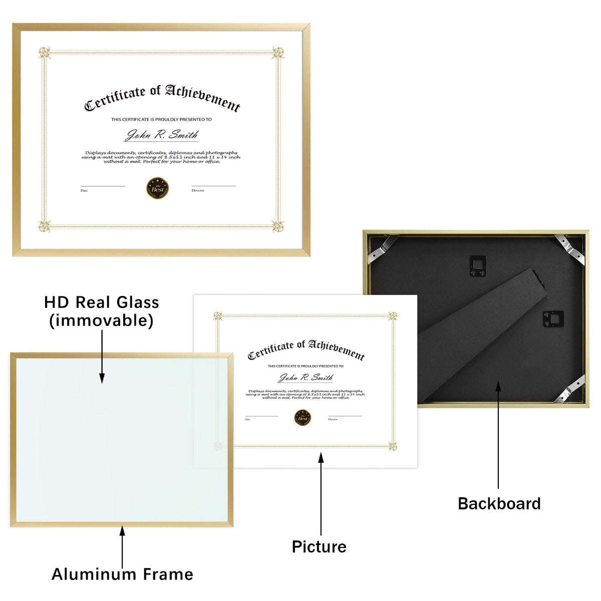 Diploma Aluminum Frames For Certificate/Document Real Glass, Frame Thickness 0.83 Inch