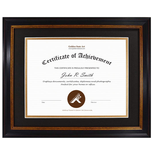 11x14 Black Polystyrene 1 1/2 Diploma Frame for 8.5x11 Picture and Tricom Black/ Old Gold Mat Picture Frame Golden State Art