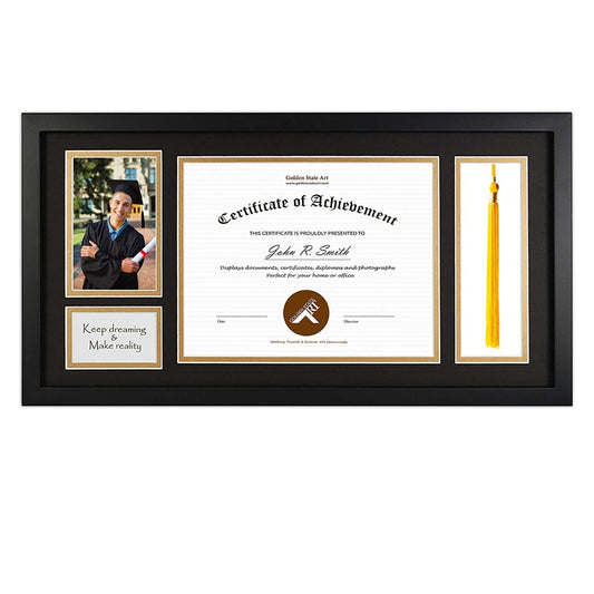 11x22 Black Polystyrene 3/8 Diploma Frame for 8.5x11, 4x6, 2x3.5, 8x2.5 Pictures and Tricom Black/Old Gold Mat Picture Frame Golden State Art