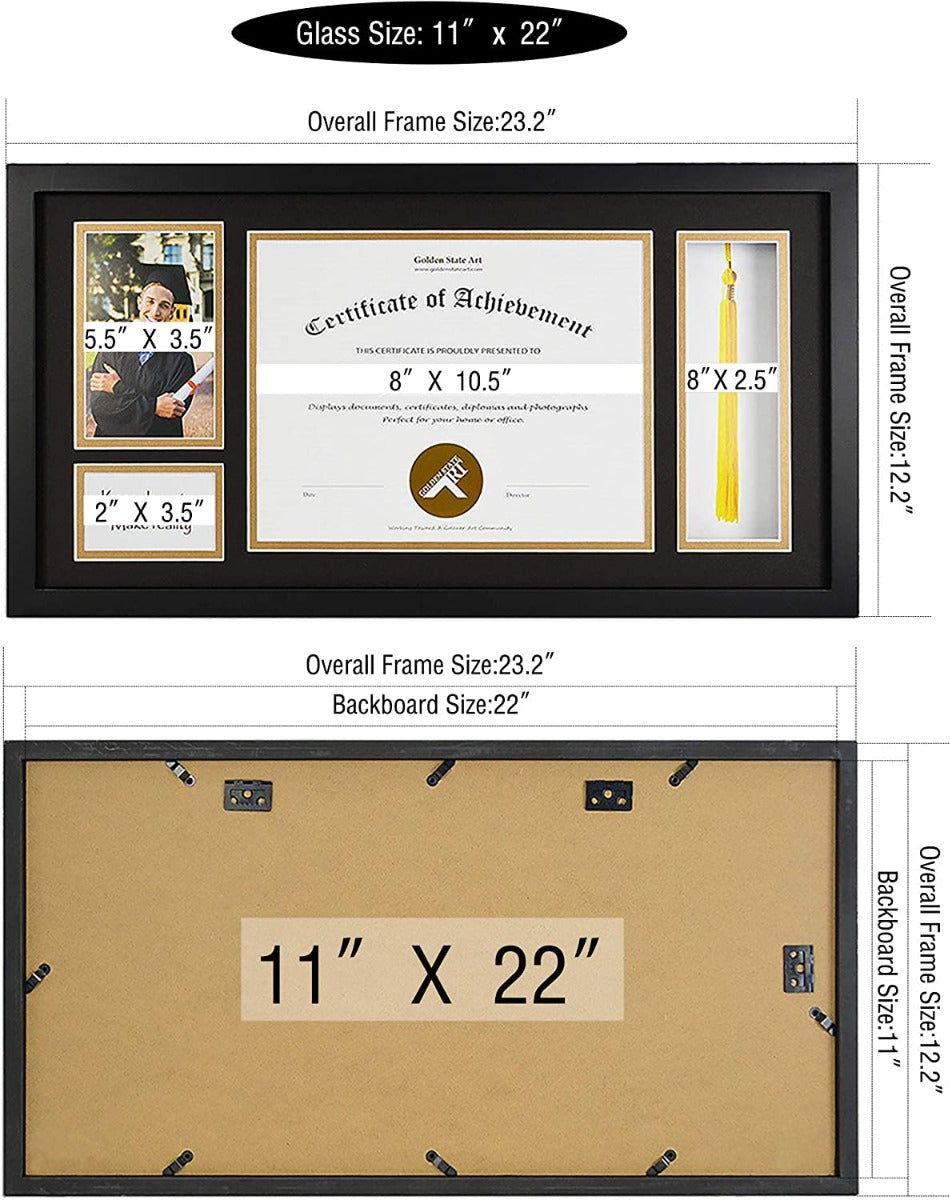 11x22 Black Polystyrene 3/8 Diploma Frame for 8.5x11, 4x6, 2x3.5, 8x2.5 Pictures and Tricom Black/Old Gold Mat Picture Frame Golden State Art