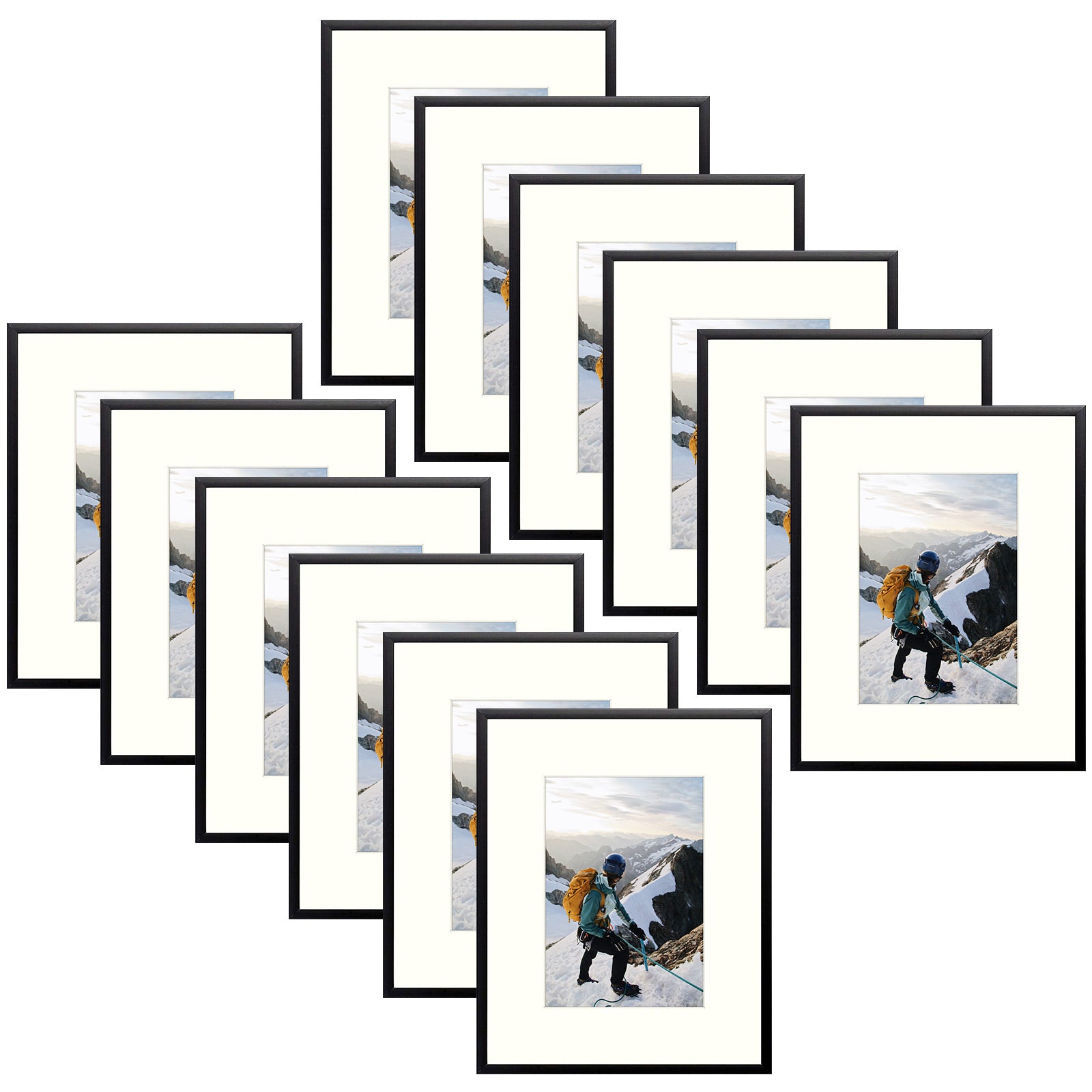 Set of 12, 8x10 Black Aluminum Frames For 5x7 Picture with Ivory Mat and Real Glass Picture Frame Golden State Art