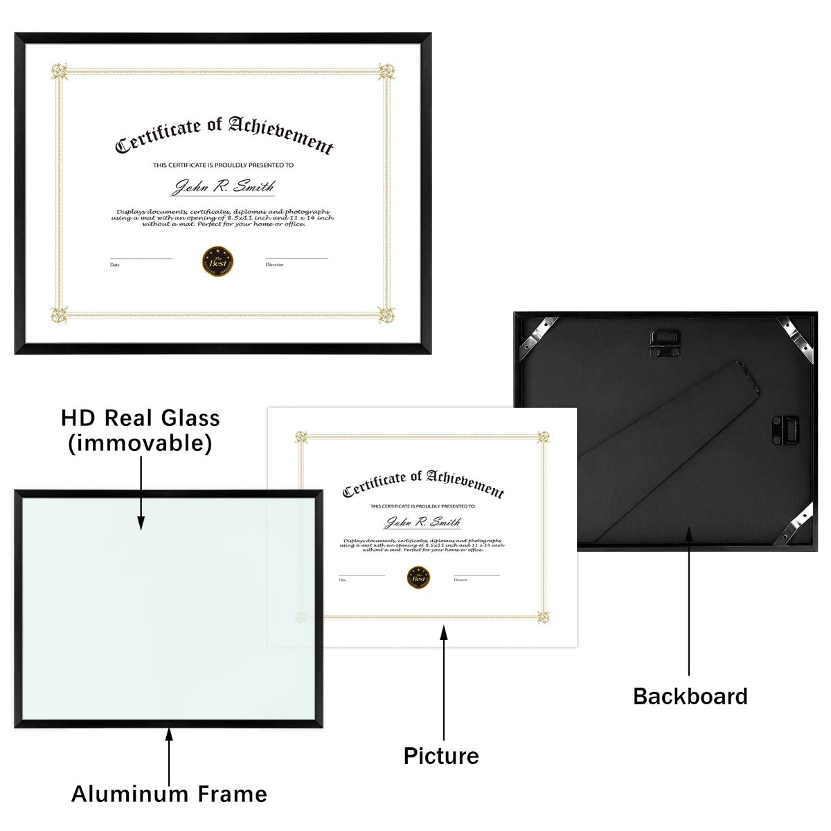 Diploma Aluminum Frames For Certificate/Document Real Glass, Frame Thickness 0.83 Inch