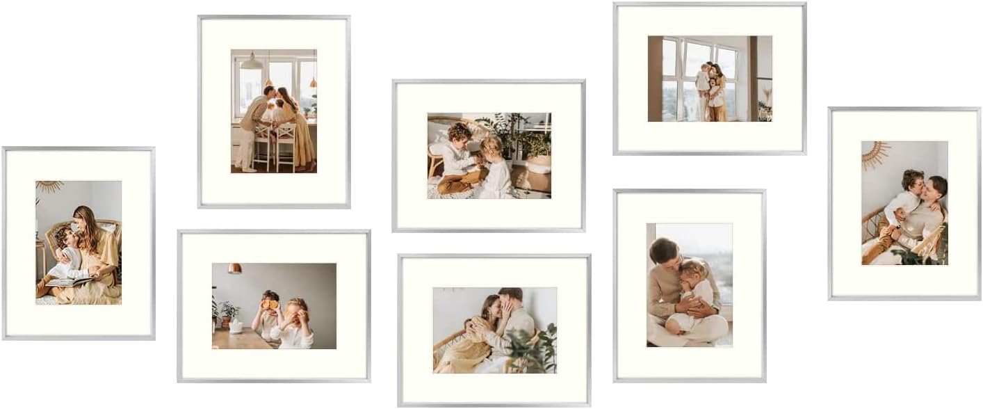 8x10 Aluminum Frames For 5x7 Picture with Ivory Mat and Real Glass(8 Pack) Silver Picture Frame Golden State Art