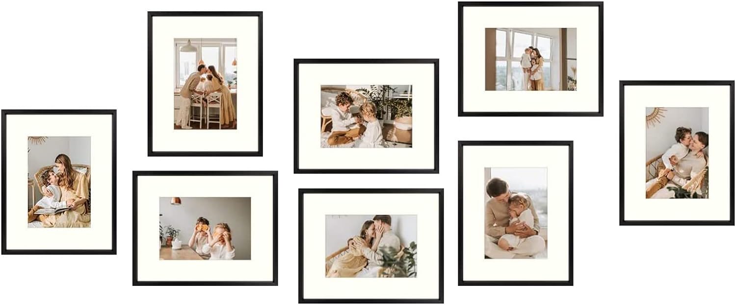 8x10 Aluminum Frames For 5x7 Picture with Ivory Mat and Real Glass(8 Pack) Black Picture Frame Golden State Art