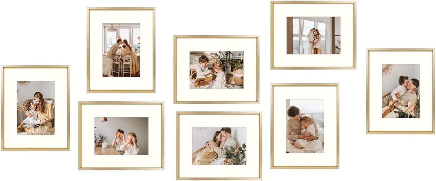 8x10 Aluminum Frames For 5x7 Picture with Ivory Mat and Real Glass(8 Pack) Gold Picture Frame Golden State Art