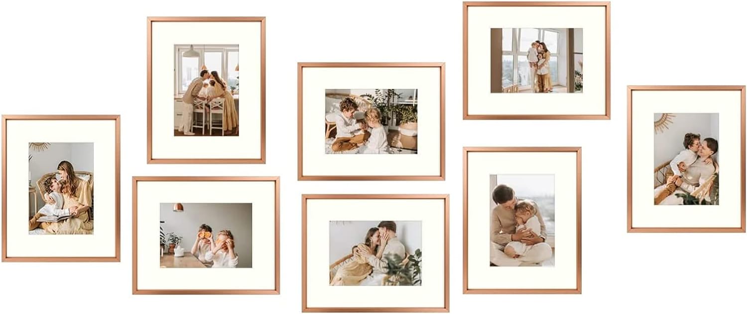 8x10 Aluminum Frames For 5x7 Picture with Ivory Mat and Real Glass(8 Pack) Rose Gold Picture Frame Golden State Art