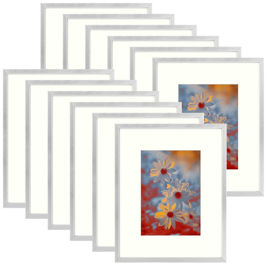 8x10 Aluminum Frames For 5x7 Picture with Ivory Mat and Real Glass(12 Pack) Sliver Picture Frame Golden State Art