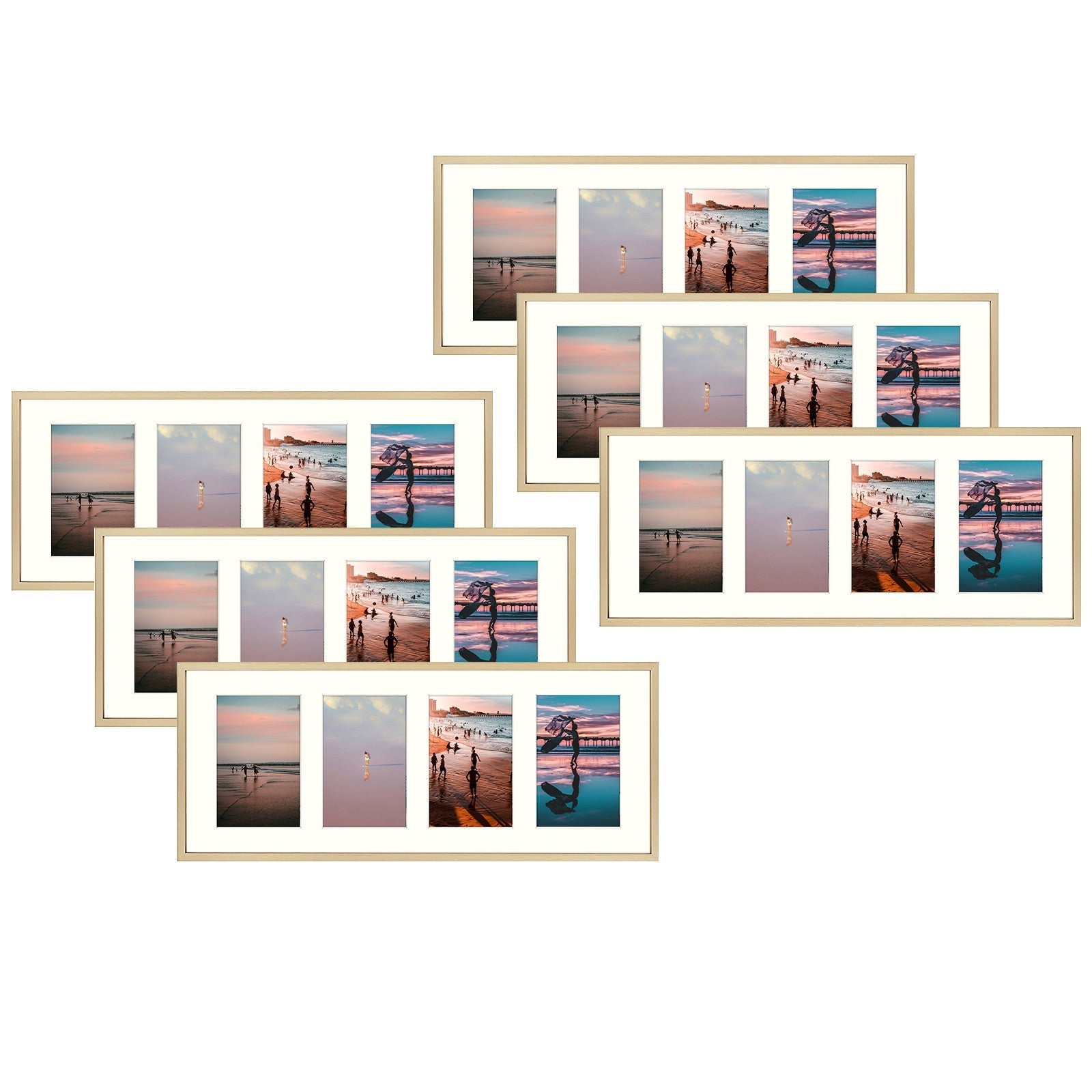 Aluminum Frames Collage Frame with Ivory Mat and Real Glass, Frame Thickness 1.02 Inch 6 Pack 8x20 Matted to Four 4x6 Gold Picture Frame Golden State Art