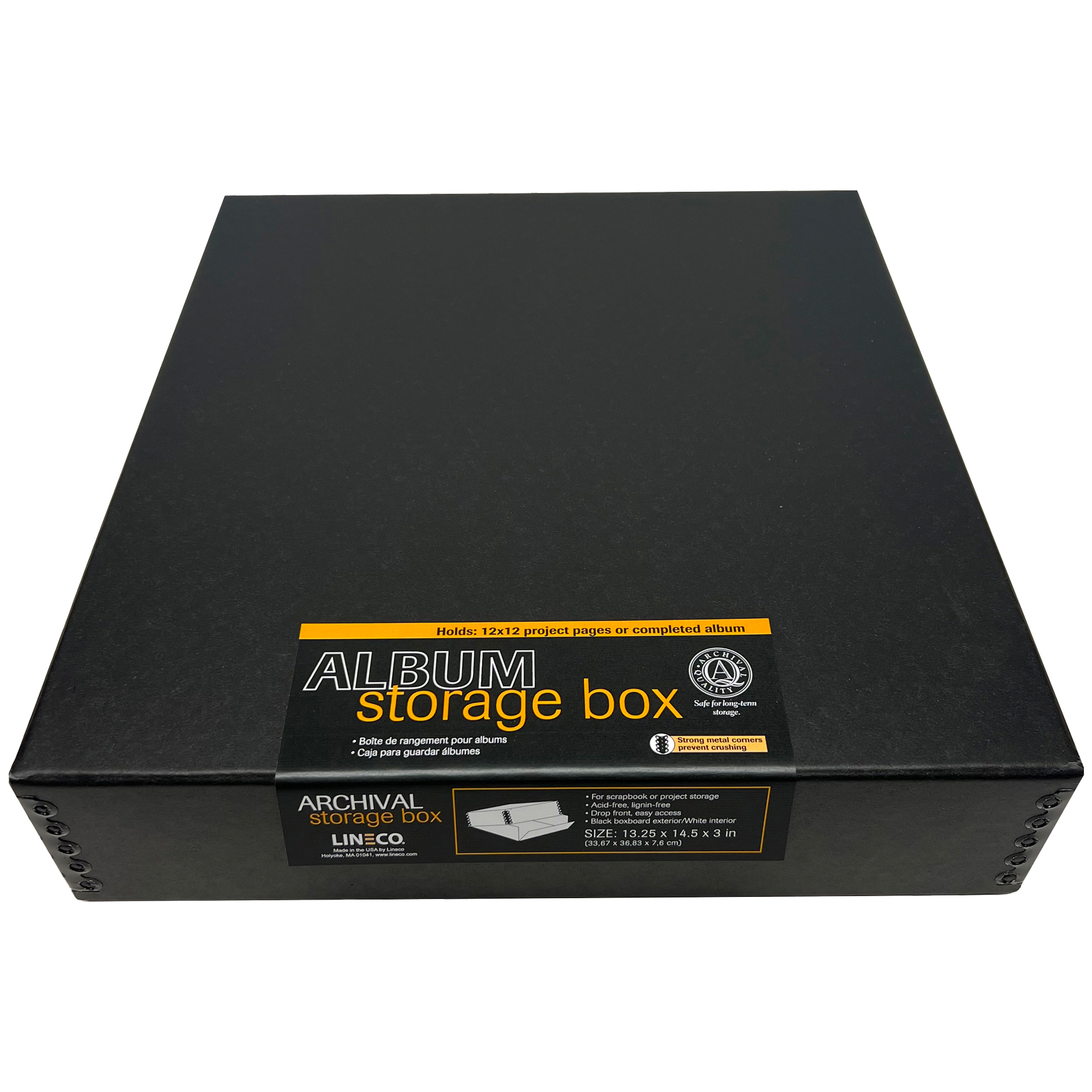 Lineco Black Museum Storage Box 12x12x3 Inches with Drop Front Design
