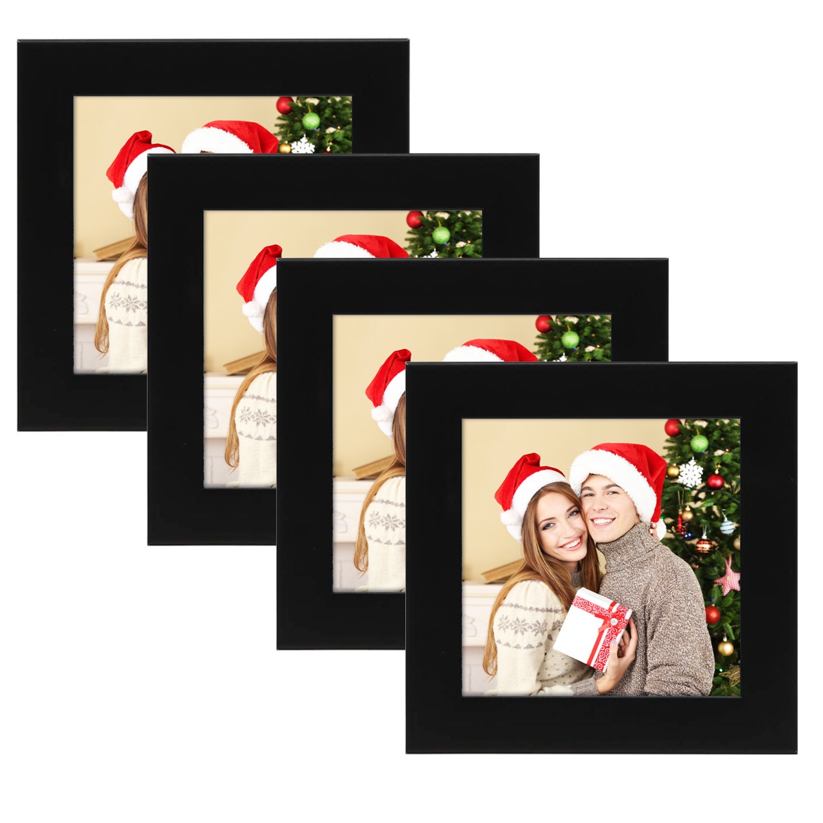 Golden State Art, 6x6 Black Photo Frame-Display Photos 4x4 with White Mat  or 6x6 without Mat - Solid Wood, Real Glass, Set of 4 (Wall Display)
